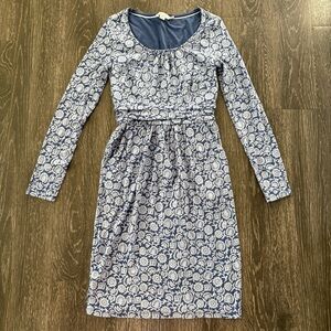 Boden Blue Floral Scoop Neckline Long Sleeve Midi Dress